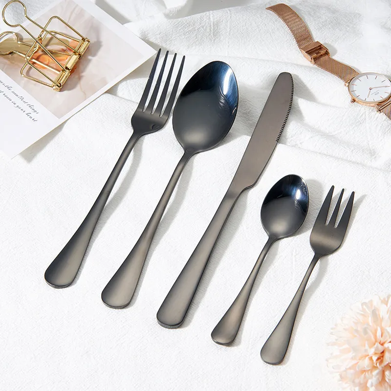 

Black Tableware Stainless Steel Cutlery Set Forks Knives Spoons Kitchen Dinner Set Mirror Gold Dinnerware Set 5Pcs Dropshipping