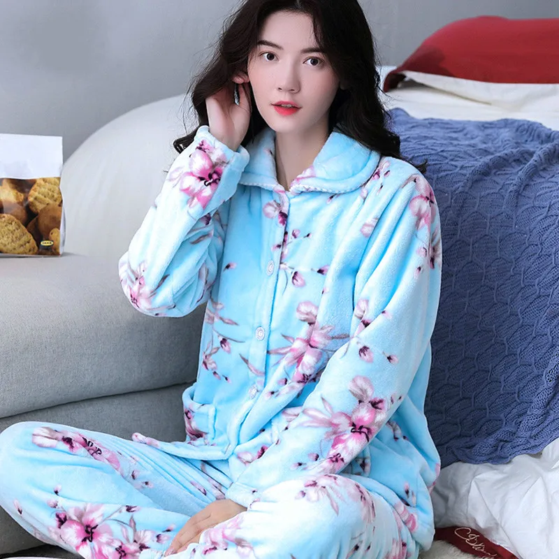 StyleK H5823 плюшевый женский Пижамный костюм женский уплотненный коралловый флис Домашняя одежда Ночная Рубашка Фланелевая пижама с длинными рукавами Осень-зима - Цвет: StyleK