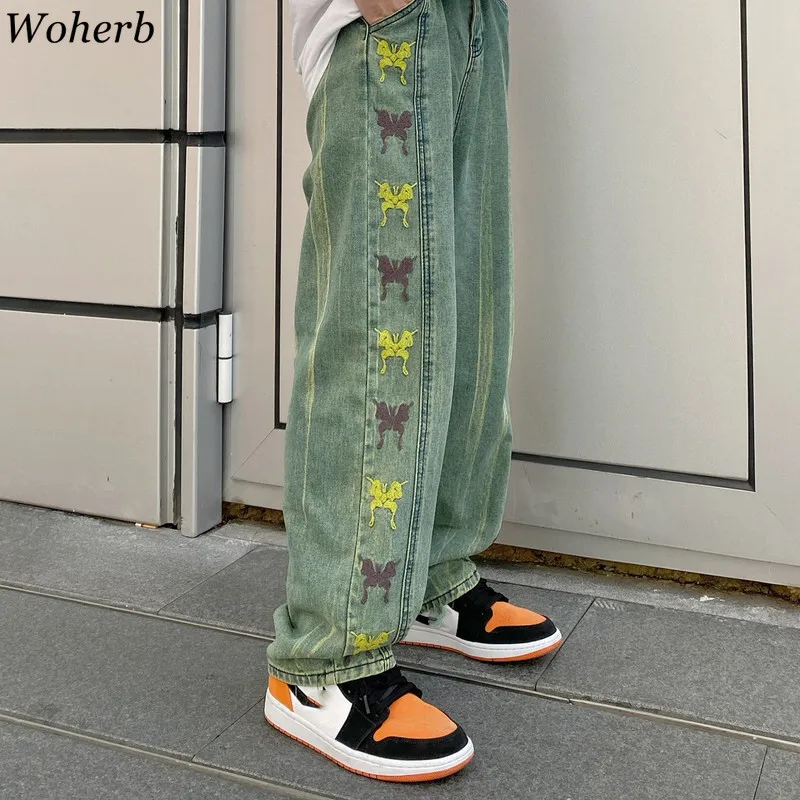 Женские и мужские джинсы Woherb в стиле Харадзюку с вышивкой бабочки шикарная