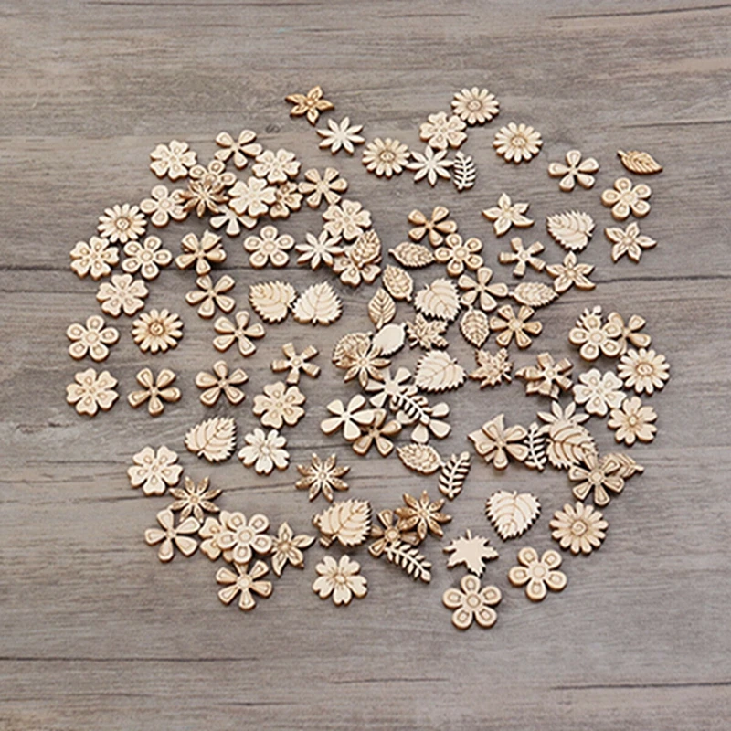 50/100pcs Wooden Buttons New Arrival Flower Leaf Shape Mixed Wood Buttons DIY Wood Environmental Decorative Handicrafts