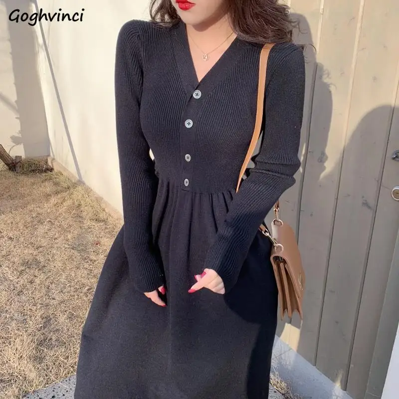 

Women Dresses Long Sleeve Office Lady Black A-line Solid Midi Dress V-neck Simple Fashion Elegant Casual Korean Style Vestidoes