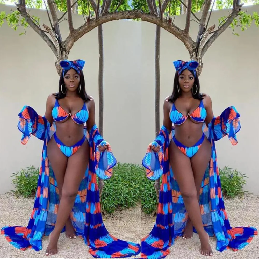Tie Dye Print Bikini 2021 Summer Beach Wear Swimsuit Sexy Long Cover Up High Waist 3 Piece Set Women Swimwear Bikini Set Women