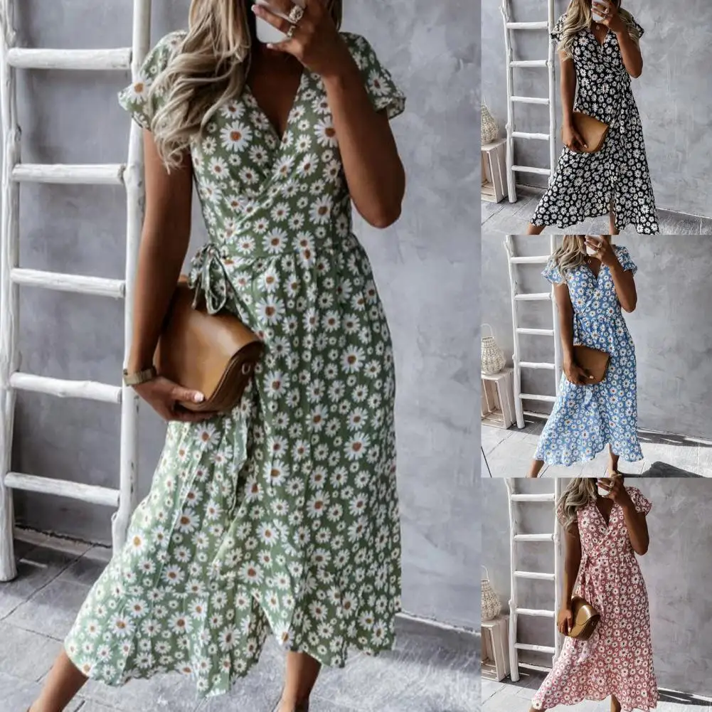 

50% Hot Sales Dress V Neck Wide Hem Female Women Vintage Floral Printing Dress for Beach