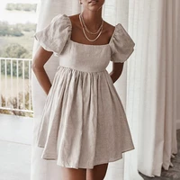dresses women square neck puff sleeve mini dress pure color simple temperament fashion leisure cotton and linen 2021