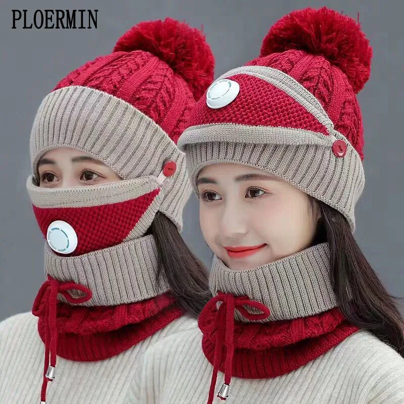 

Women's knitted hat, warm polar fleece hat, girl's neck cover, winter headwear, three piece set