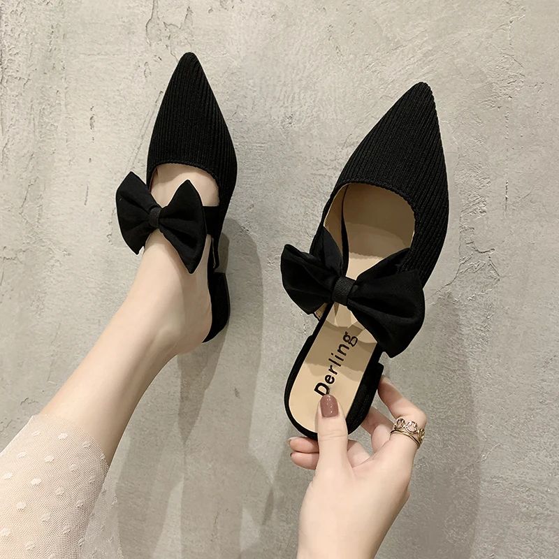 

Pointed Toe Slippers Casual Low Flat Shoes Female Slides Butterfly-knot Loafers Slipers Women Soft Luxury Cover 2020 Fabric PU
