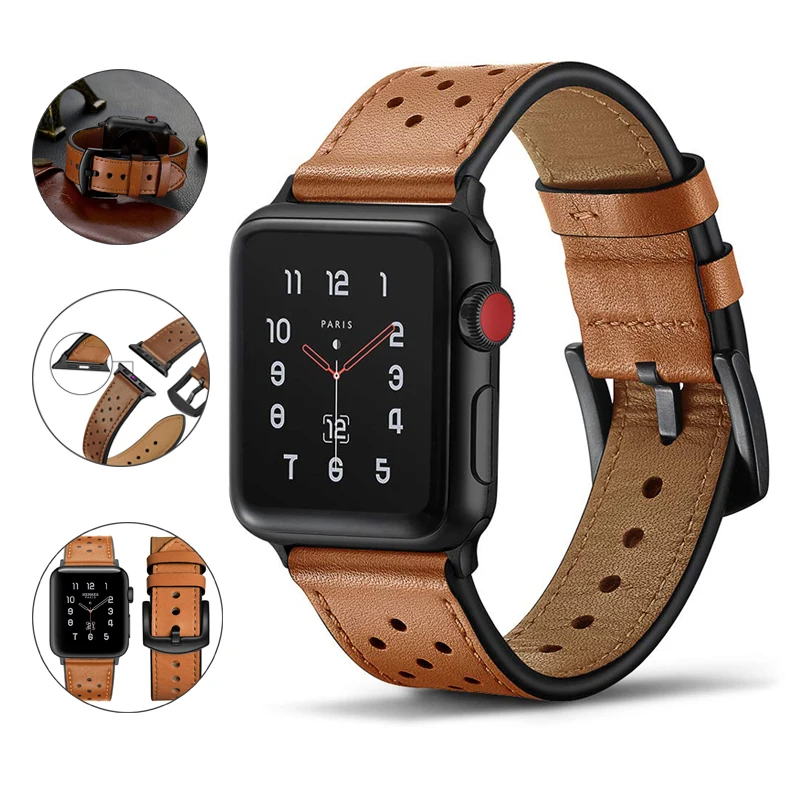 Дышащий кожаный ремешок для часов Apple Watch Series 5 4 3 44 мм 42 38 40 iwatch 2 Спортивная