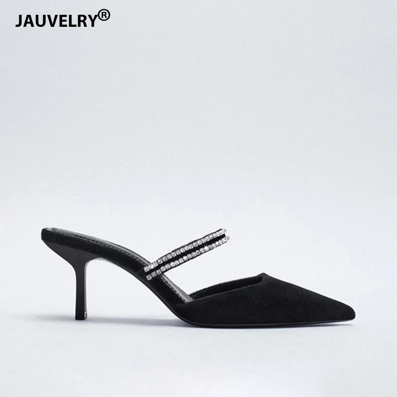 

2021 Spring Fashion Black Velvet Sandals Women Sexy High Heels Mules Shoes Pointed Toe Crystal Design Party Women Slippers