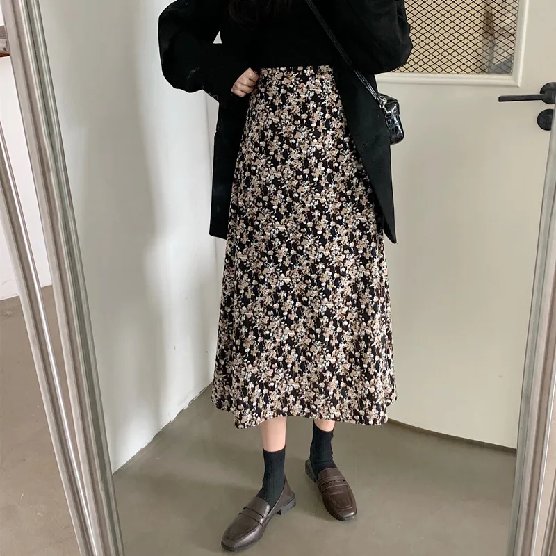 

New Autumn Casual Print Skirt for Women Fashion Spring Summer Elegant Female Vintage A-line Skirt JK489