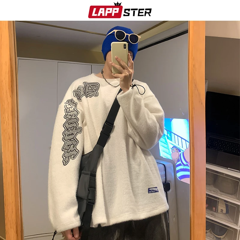 

LAPPSTER Men Harajuku Oversized Knitted Sweater 2022 Mens Vintage Korean Fashion Pullovers Male Y2k Japanese Streetwear Sweaters