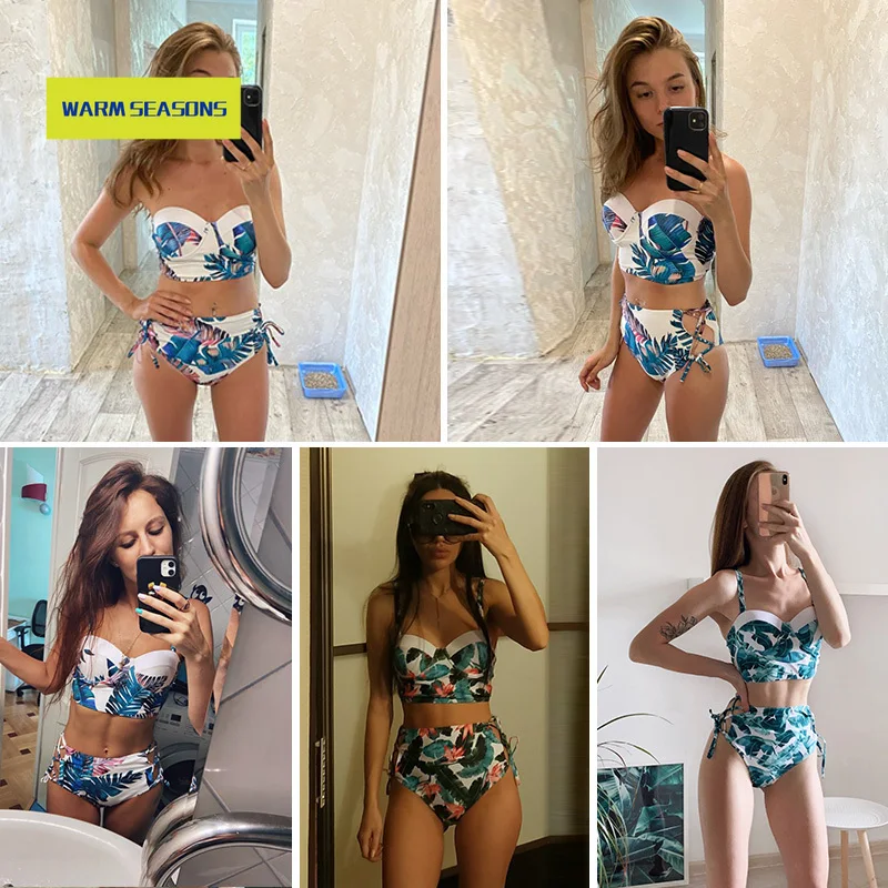 

High Waist Swimwear 2021 New Leaf Print Bikinis Women Swimsuit Vintage Retro Bathing Suit Halter Biquini Maillot de bain femme