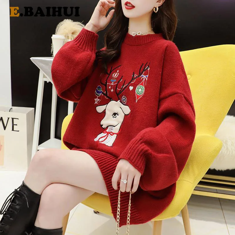 

EBAUIHUI 2020 Winter Sweater Women Pullover Girls Tops Vintage Elk Autumn Elegant Female Knitted Outerwear Warm Sweater Oversize