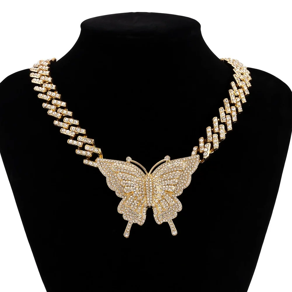

Butterfly Cuban Necklace for Women 2021 Punk Aesthetic Hip Hop Accessories Luxury Jewelry on The Neck Charm Iced Out Chain Gift