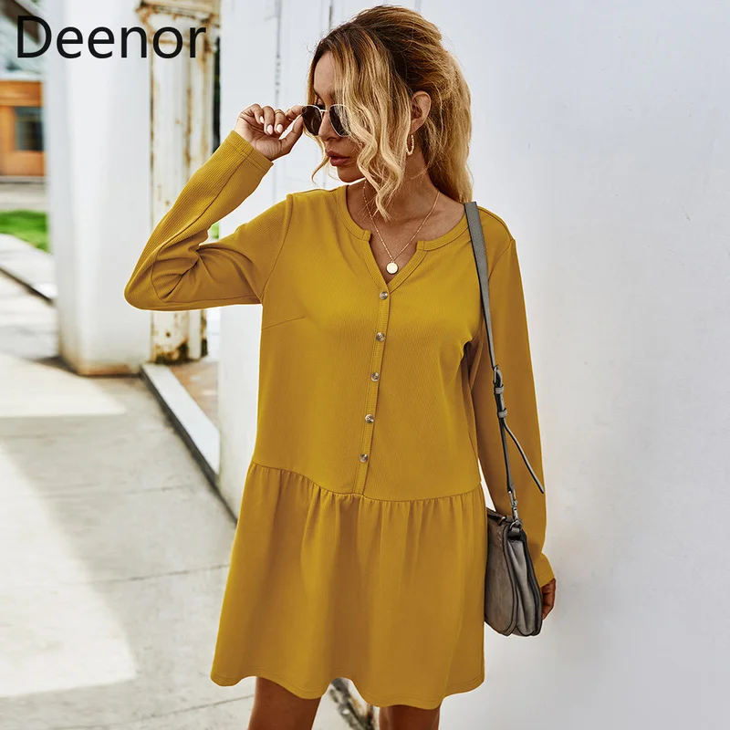 

Женское платье в стиле бохо Deenor, повседневное богемное платье с длинным рукавом и V-образным вырезом, на пуговицах, для пляжа, для весны, 2021