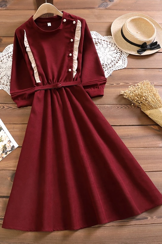 

Festive Women'S Fashion Red Dress French Bellflower Temperament Corduroy New Year Dress