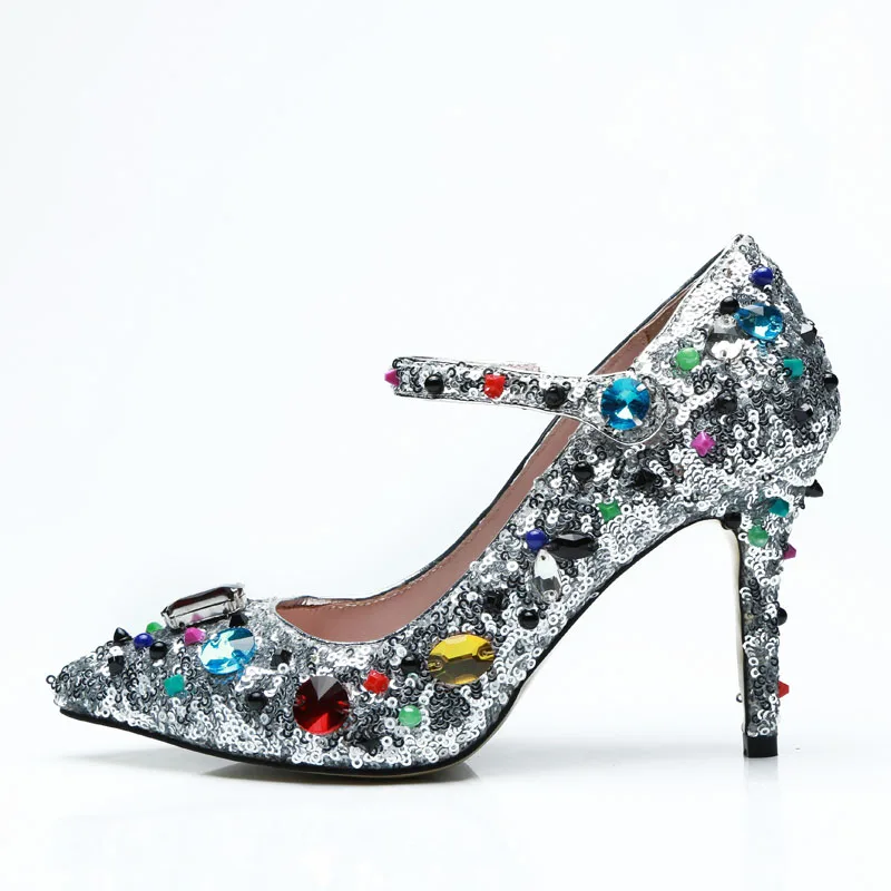 

McNabney, новинка 2022 года, женские блестящие кожаные стразы, ремни, пуговицы, заостренный носок, туфли-лодочки на шпильке, ручная работа