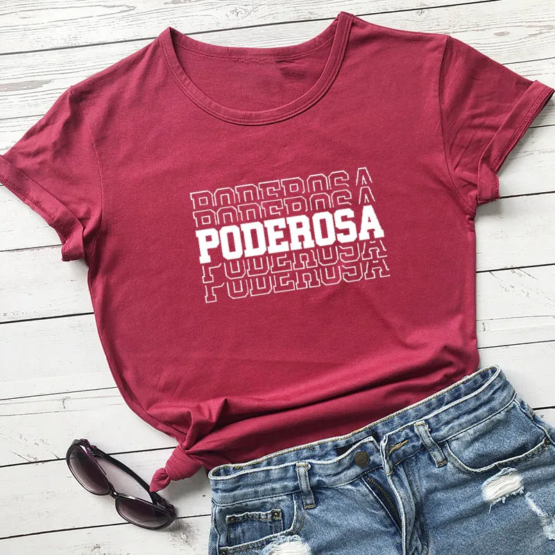 burgundy-white text Poderosa/Новое поступление, женская летняя забавная Повседневная футболка из хлопка, испанские рубашки, милая рубашка «Латина» для женщин - Цвет: burgundy-white text