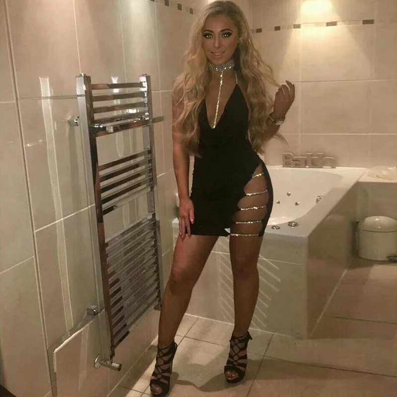 

Sexy Leaky Shoulder Bright Rhinestone Halter Neck Dress Sling Deep V Back Women's New Style