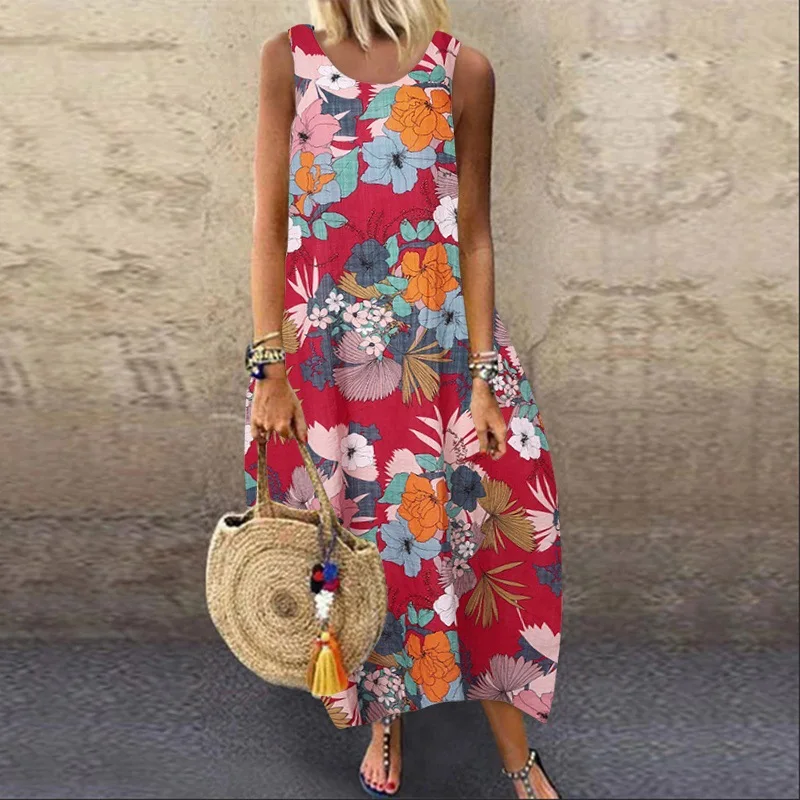 

Ress Women Ethnic Print O-Neck Casual Oversized Long Dresses Summer Woman Sleeveless Girl Beach Maxi Dress Women Colthes