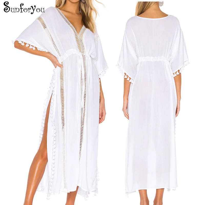 Сексуальное Белое Шифоновое Платье в стиле бохо кружевное пляжное платье с V