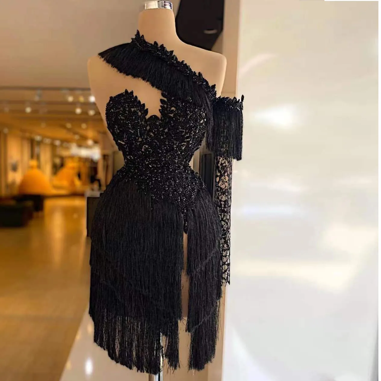 

Sexy Cocktail Dresses Beading Sequined One Shoulder Long Sleeve Tassel Side Slit Mini Skirt Evening Dress Robe De Soirée Femme