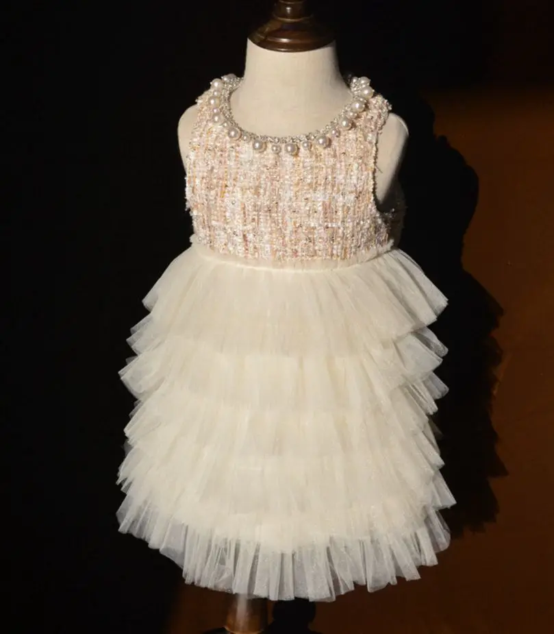 Детское кружевное платье-жилет с жемчугом пышное шерстяное платье макси