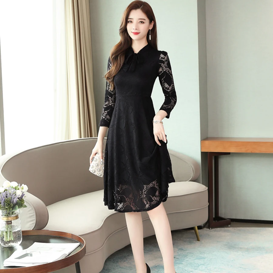 

2021 Vintage Black Lace Midi Dresses Autumn Winter Plus Size Solid Sexy Long Sleeve Dresses Women Bodycon Party Classy Vestidos