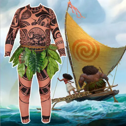 

3PCS Moana Maui Tattoo T Shirt+Pants+Skirts Halloween Adult Mens Cosplay Costume Novelty father and son Cosplay Costume