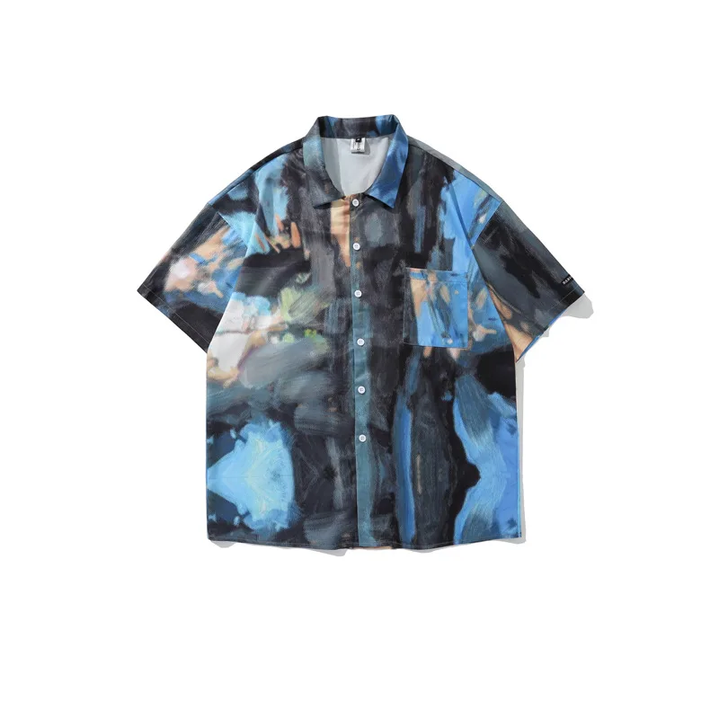 

Hip Hop Oil Painting Printed Short Sleeve Shirt With Pocket Men Oversized Vintage Clothes For Teens Hawaiian Dress Camicia Uomo