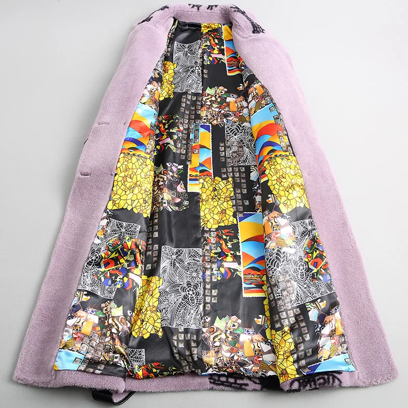 Elegant Printing Thick Turn-Down Collar Winter Long Woolen Warm Real Fur Plus Size Coat Slim Jackets High Quality Lilac Outwear