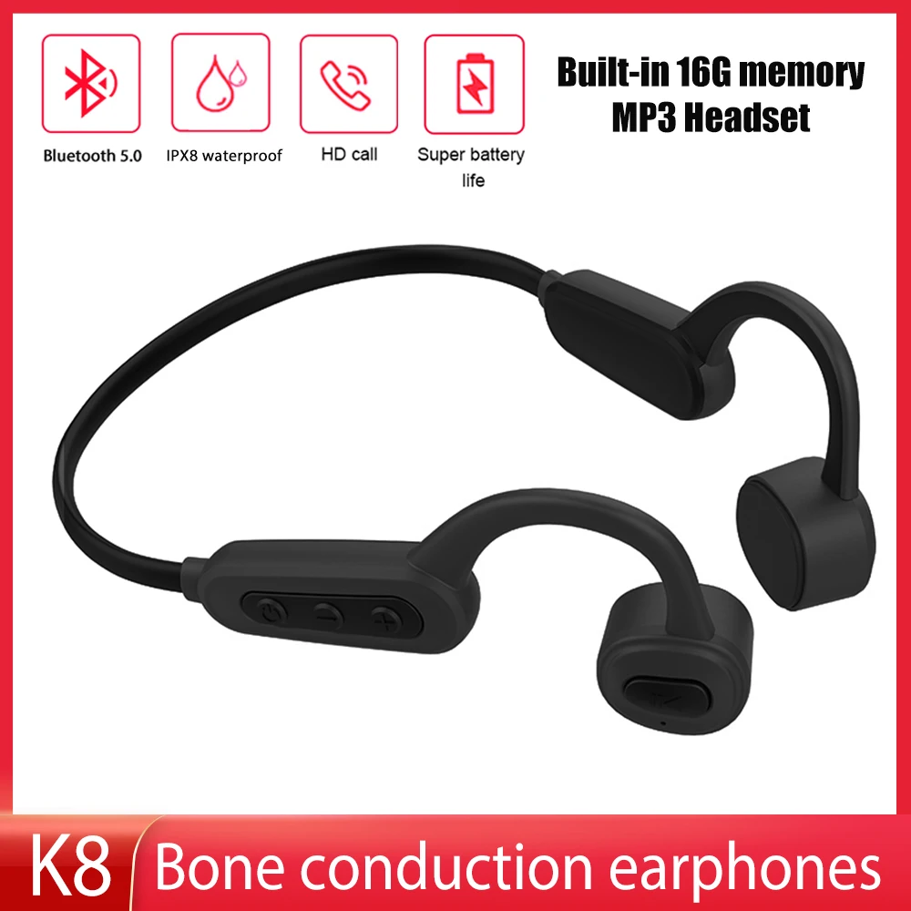 

K8 Bone Conduction Earphones Outdoor Sports Waterproof Wireless Bluetooth Earbuds With Micophone 16GB MP3 Player For Running