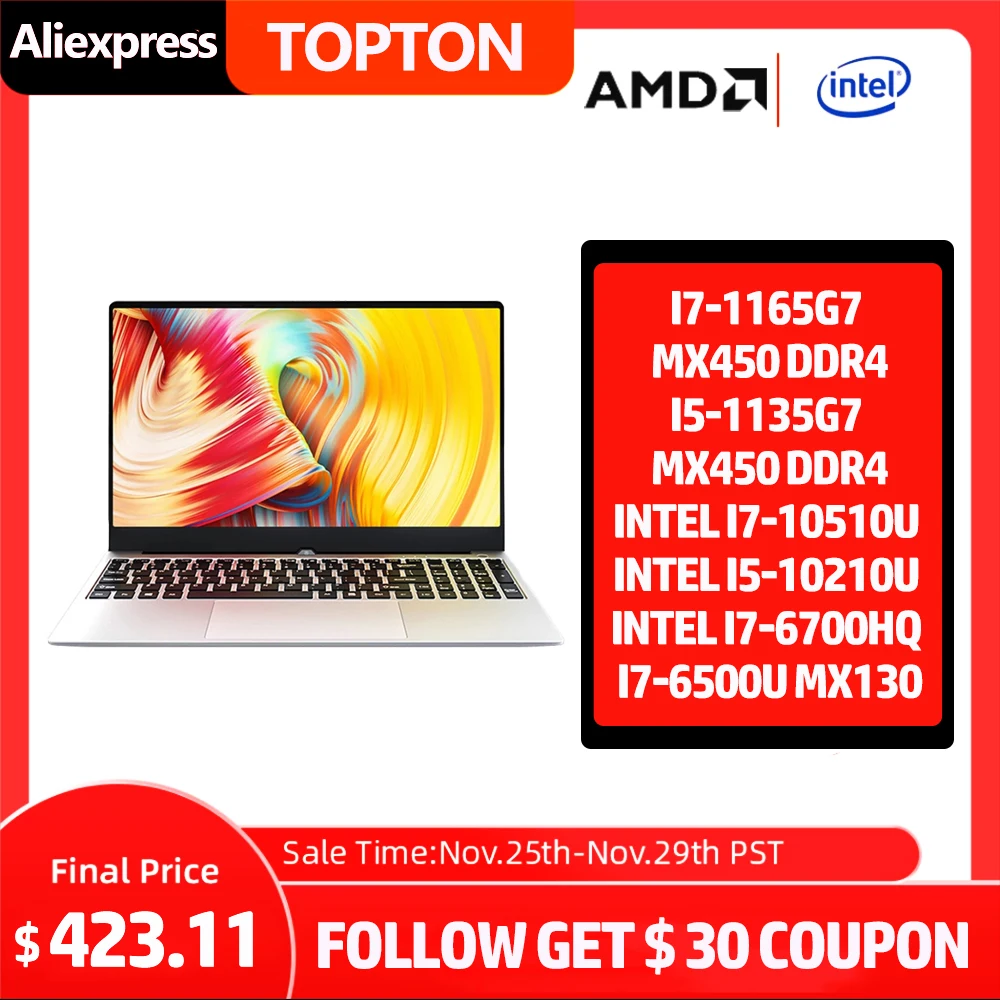 

15.6" Laptop Computer Intel Core i7 1165G7 10510U i5 1135G7 10210U up to 4.7GHZ Win 10/11 Pro 1920x1080 FHD IPS Display Webcam