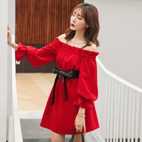 yigelila autumn new arrivals slash neck full sleeves for wedding party dress a line lantern sleeves with belt solid dress 65448