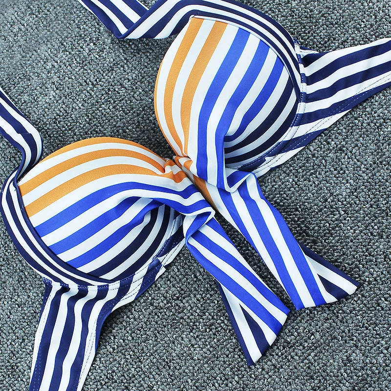 

Women Stripes Halter Swimsuits Push Up Twist Underwire Bandeau Bikini Set Two Piece Summer Sexy Backless Female Swimwear