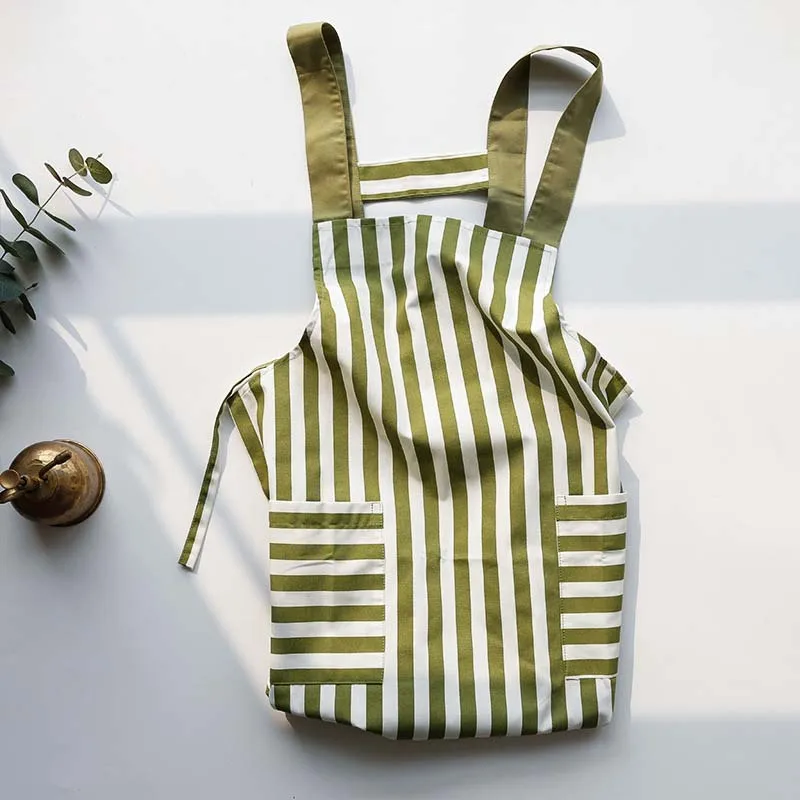 stripe green Полосатый кухонный фартук в горошек для ресторана, дома и кухни для карманного приготовления пищи хлопковый льняной водонепроницаемый фартук для столовой барбекю саронг - Цвет: stripe green