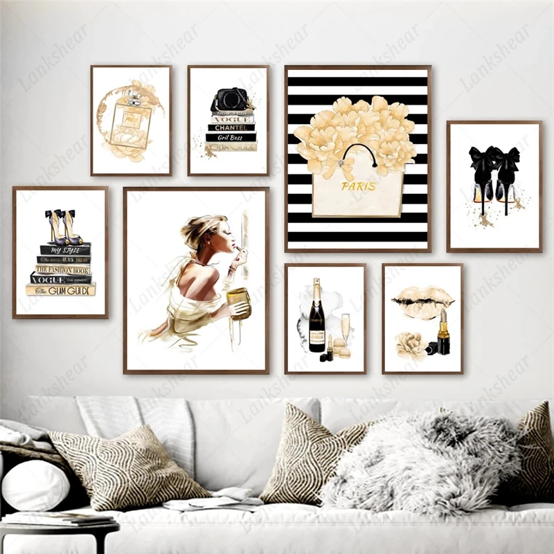 

Vogue Nordic Posters and Prints Girl Lipstick Perfume Bag High Heel Wall Art Canvas Painting Pictures for Living Room Decoration