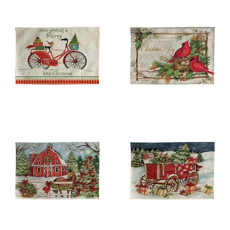 

Merry Christmas Truck House Birds Printed Placemat Coaster Dining Table Mats Linen Pad Bowl Cup Mat Home Decor CDi840