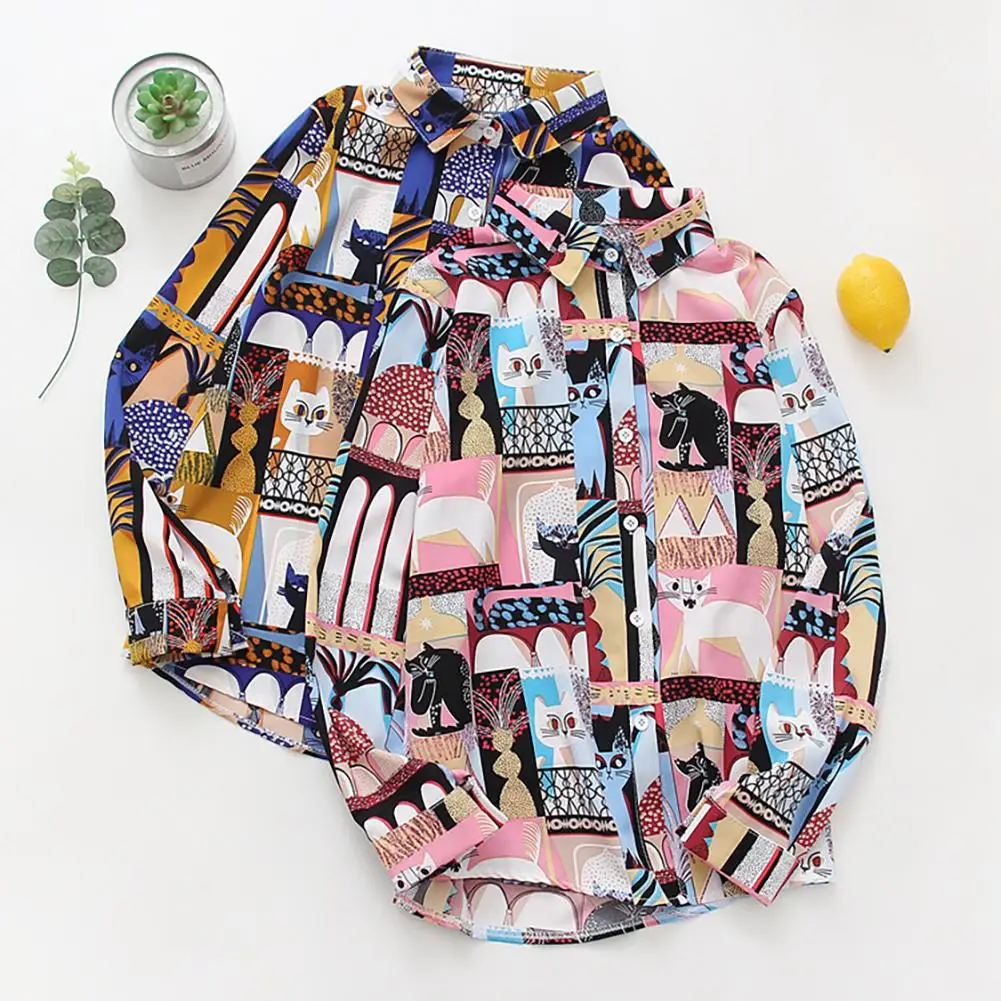 

Cute Cats Print Long Sleeves Lapel Women Top Chiffon Casual Office Blouse Shirt