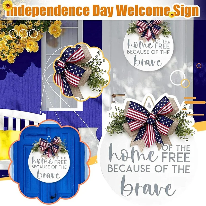 

12Inch Rustic Wooden Outdoor Farmhouse Hanging Door Hanger, Patriotic Independence Wreaths for Home Porch Decoration