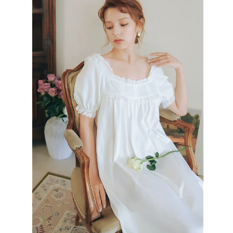 

Women's Vintage Gothic Victorian Night Dress White Cotton Flare Sleeve V Neck Lace Embellished Ruffle Hem Autumn Nightgown T719