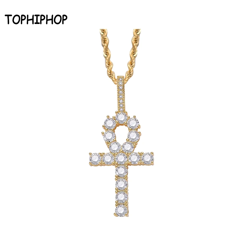 

TOPHIPHOP Iced Zircon Ankh Cross Pendant Gold Silver Copper Material CZ Egyptian Key of Life Necklace Men Women Hip Hop Jewelry