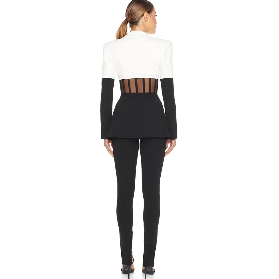 

High Quality Autumn And Winter New Women'S Fashion 2-Piece Suit Two-Piece Striped Tulle Stitching Sexy Deep V-Neck Club Party