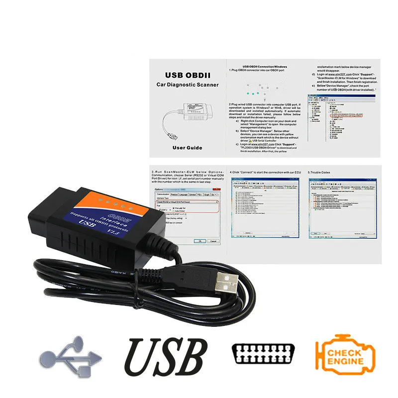 Автомобильный диагностический инструмент USB пластик ELM327 V1.5 OBD считыватель кодов
