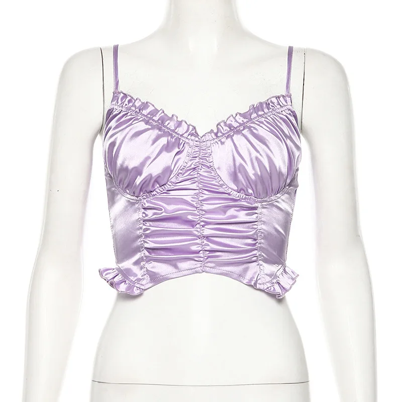 

Sexy Off the Shoulder Crop Tops Purple Spaghetti Strap Top Mujer Backless Ruffle Bustier top Women Streetwear clothes E-girl Y2K