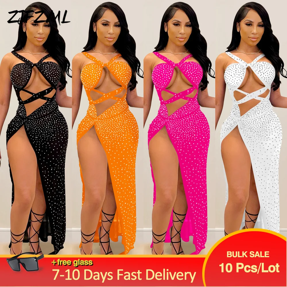 

Wholesale Bulk Items Lots Women's Bodycon Irregular Maxi Dresses Elegant Fashion Mesh Rhinestones Birthday Party Clubwear Dress