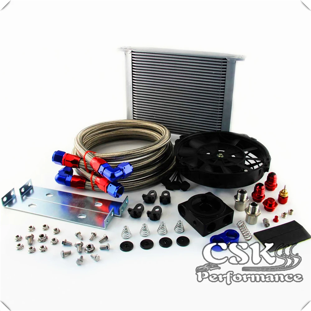 Universal AN10 30 Row Oil Cooler Thermostat Sandwich +7&quot Electric Fan kit Black / Silver |
