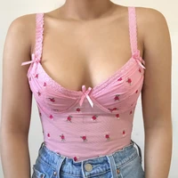e girl floral pink mesh sheer cami sexy women v neck spaghetti strap top bustier y2k streetwear summer sleeveless cropped vest
