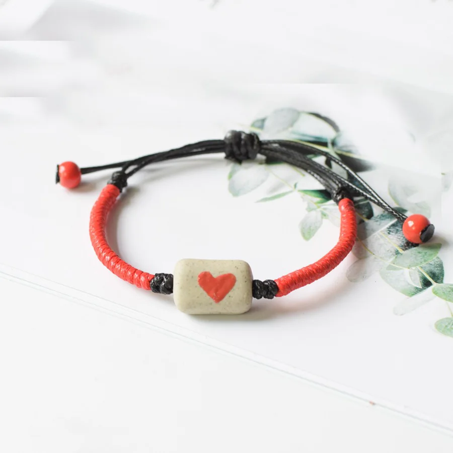 Ручной Плетеный веревочный браслет керамический ручной работы с сердечками для