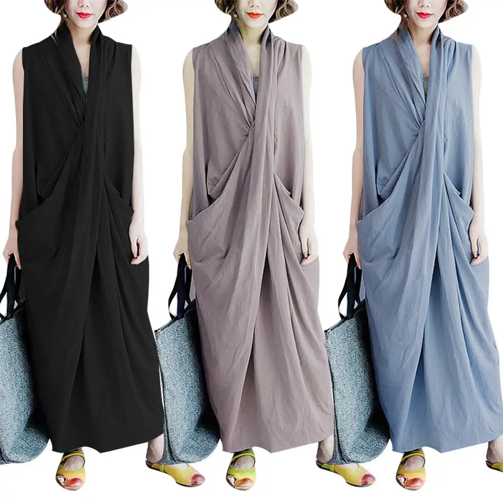 

Plus Size Summer Beach Casual Sleeveless Women Deep V Loose Irregular Maxi Dress