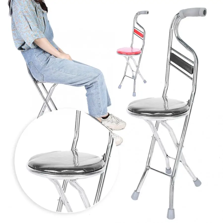 Folding Walking Hand Stick Stool Elderly Stainless Steel Four-Leg Thickening Walking Cane Old People Exercising Rest Chair c